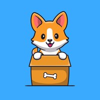 Desenhos animados de cachorro fofo corgi brincando na caixa