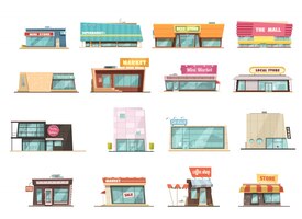 Vetor grátis desenhos animados de construção de loja com ilustração em vetor isoladas mini loja símbolos