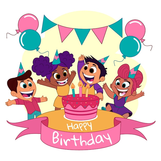 Desenhos animados de crianças em uma festa de aniversário