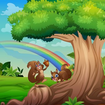 Desenhos animados de esquilos felizes brincando debaixo da árvore