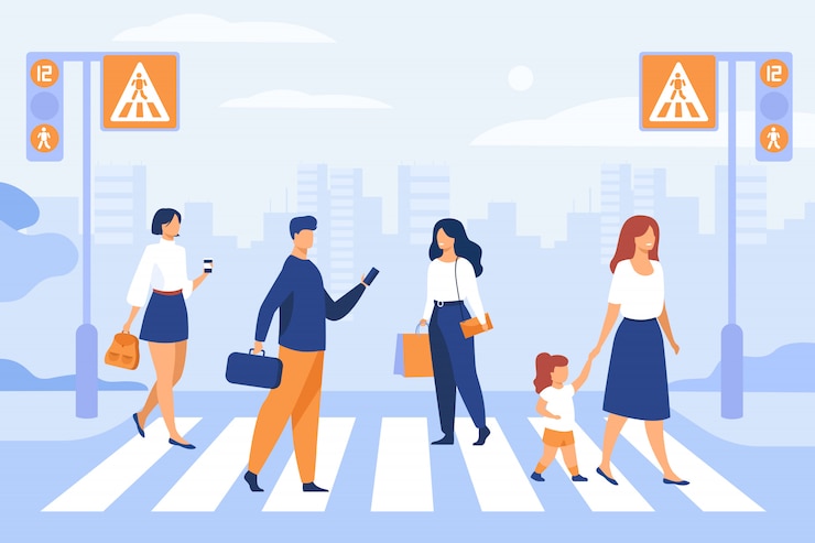 Vetor grátis desenhos animados de pedestres andando na faixa de pedestres
