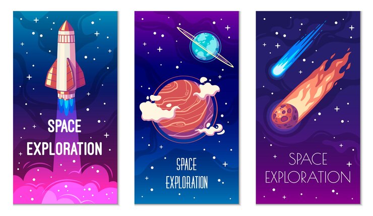 Vetor grátis desenhos animados de pôsteres verticais de exploração espacial com planetas de lançamento de foguetes e ilustração vetorial isolada de meteoritos