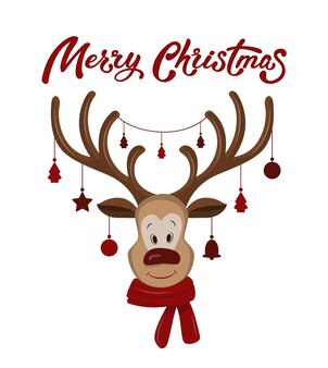 Desenhos animados de rena de nariz vermelho com lenço vermelho e grandes chifres com decoração de natal.