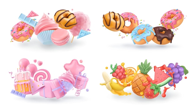 Desenhos animados do vetor 3d de objetos doces. cupcake, donuts, bolo, frutas