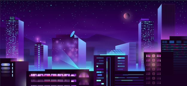 Vetor grátis desenhos animados modernos dos edifícios da noite da metrópole