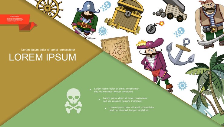 Vetor grátis desenhos animados piratas composição colorida com mapa do tesouro baú de moedas de ouro volante bomba navio âncora canhão palmeiras