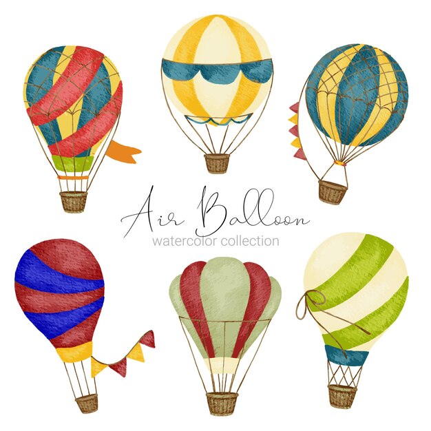 Desenhos de balões de ar quente em vários estilos de aquarela para designers gráficos usarem em sites da web cartões de convite casamentos parabéns aniversários comemorações impressão em tecido e publicações