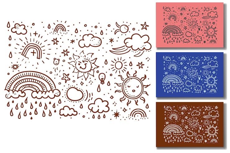Vetor grátis desenhos de tempo feitos à mão sol chuva nuvens arco-íris estrelas