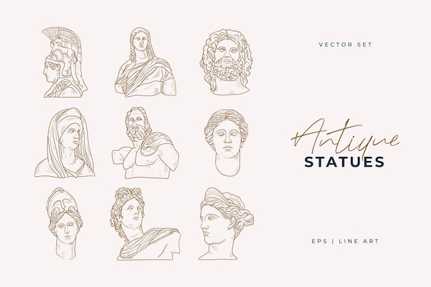 Desenhos lineares de cabeças de estátuas antigas da deusa e do deus mítico no estilo de gravura. vetor criativo mínimo linear mulher com ramo crescente de sua cabeça.