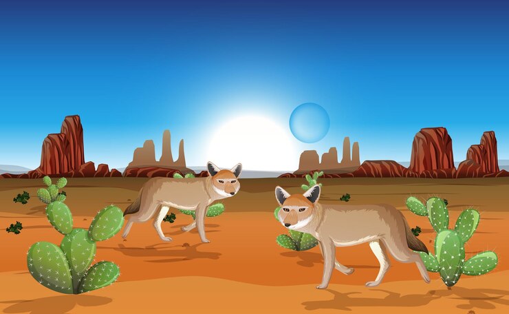 Vetor grátis deserto com montanhas rochosas e paisagem de coiote na cena do dia