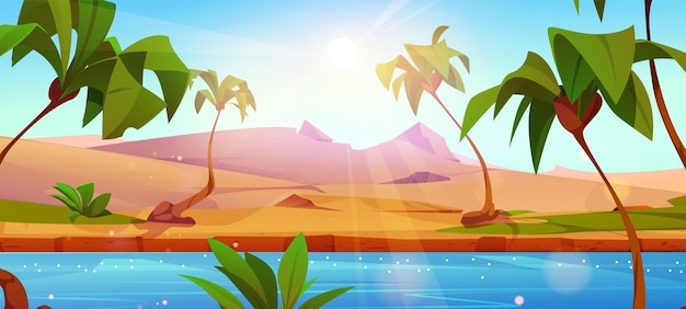 Deserto do egito com rio nilo e árvore de palmeira ilustração vetorial jogo de areia egípcia cena de paisagem raio de sol na seca fantasia e localização misteriosa com água e grama verde