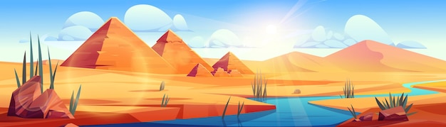 Vetor grátis deserto dos desenhos animados com antigas pirâmides egípcias e rio nilo ilustração vetorial da paisagem arenosa com pedras e plantas verdes perto do sol de água azul brilhando no céu sobre os túmulos do faraó
