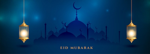 Design de bandeira azul islâmica eid mubarak festival