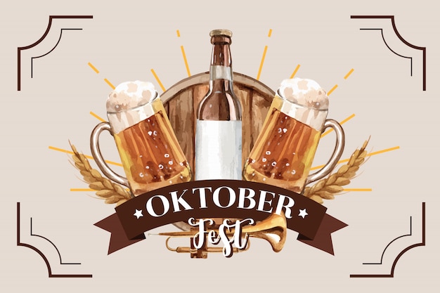 Vetor grátis design de banner clássico da oktoberfest com balde de cerveja e trigo