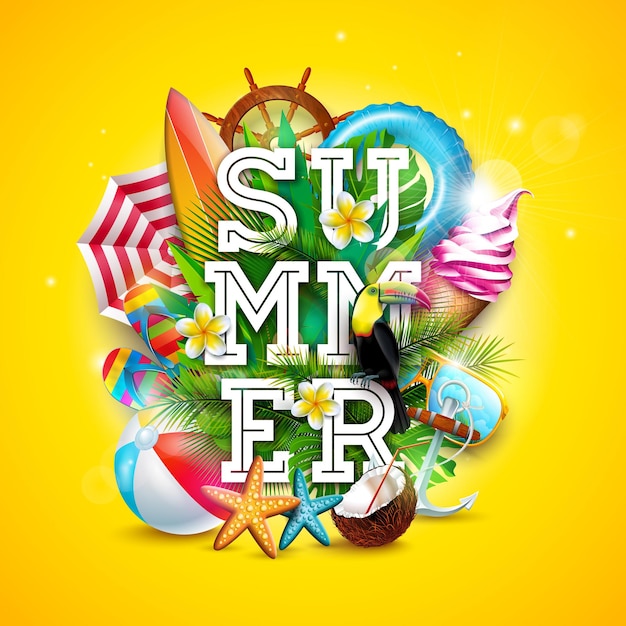 Design de banner de férias de verão com elementos coloridos de praia e letras no fundo amarelo do sol