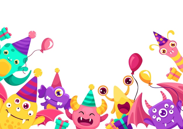Design de banner de festa monstro criaturas fofas com texto e chapéus de balões de elementos de festa coloridos