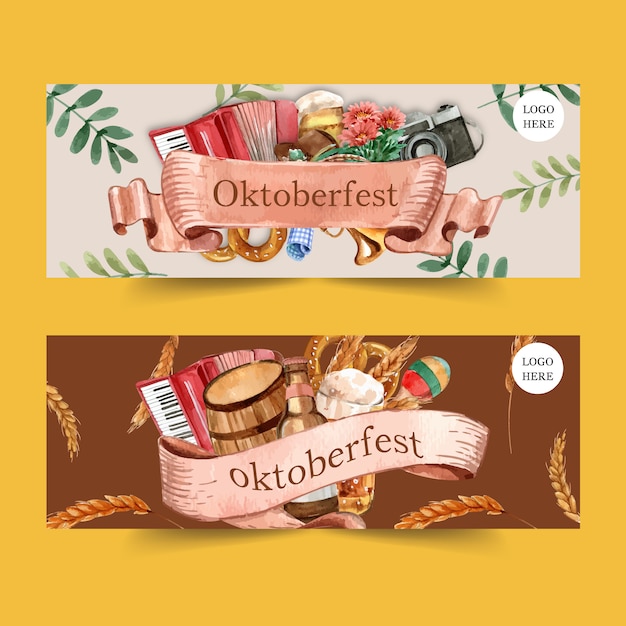 Design de banner de oktoberfest com pretzel, cerveja