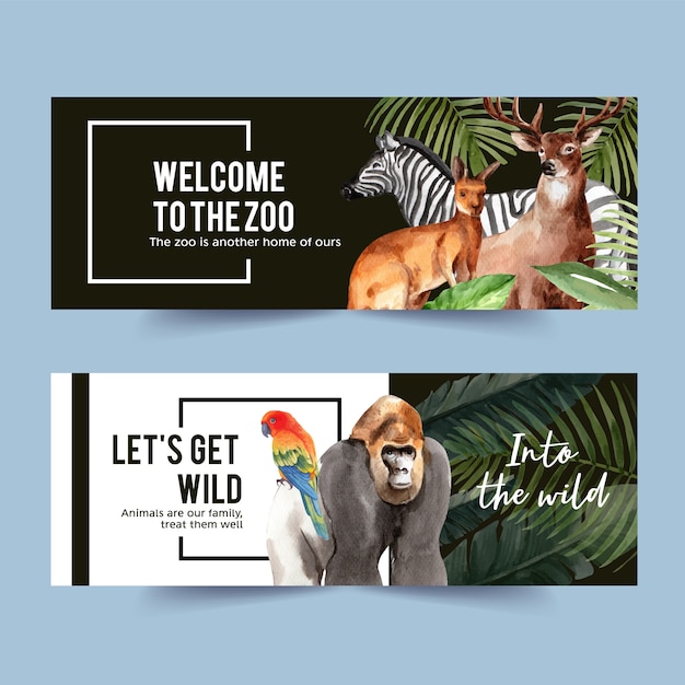 Vetor grátis design de banner do zoológico com gorila, zebra, ilustração em aquarela de veado.