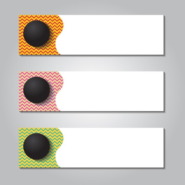 Design de banner horizontal com círculo redondo e fundo listrado de memphis