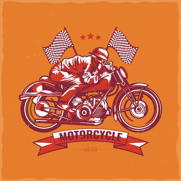 Design de camiseta com tema de motocicleta com ilustração de um motociclista andando em uma motocicleta vintage