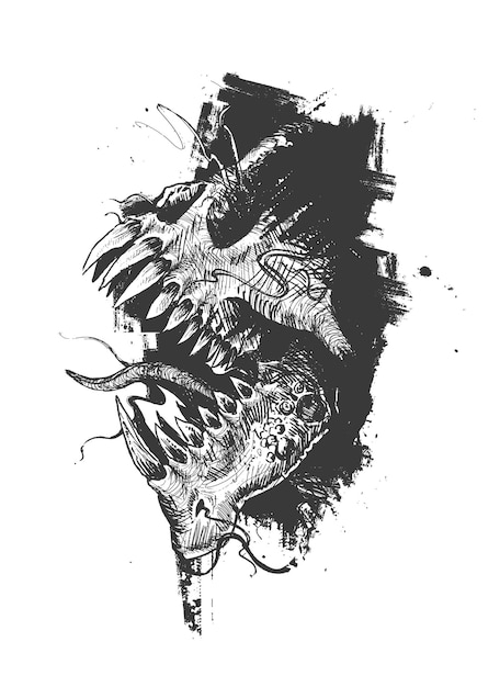 Design de camiseta de tatuagem de monstro agressivo ilustração vetorial de esboço desenhado à mão