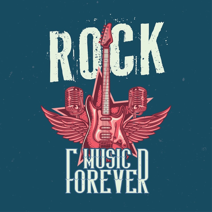 Vetor grátis design de camiseta ou pôster com ilustração de guitarra, dois microfones e asas