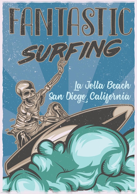 Vetor grátis design de cartaz com esqueleto na prancha de surf