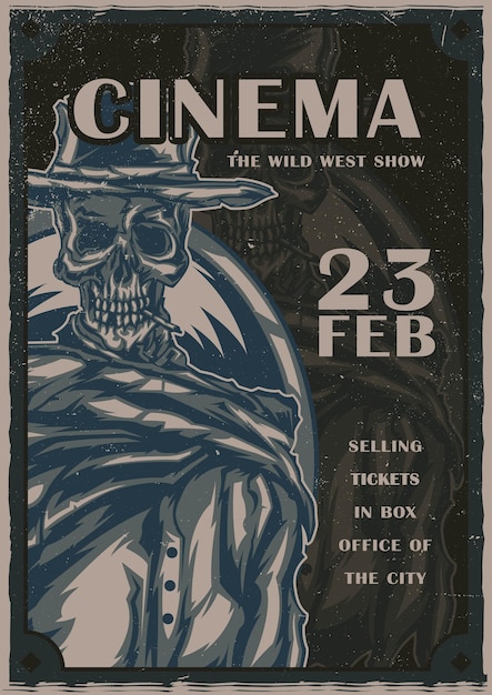 Vetor grátis design de cartaz com ilustração de esqueleto em chapéu de cowboy