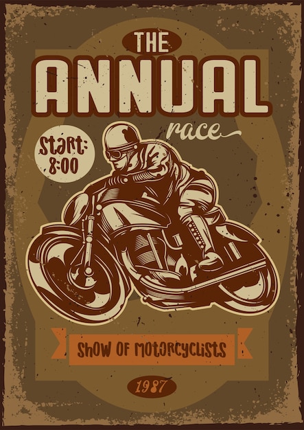 Vetor grátis design de cartaz com ilustração de uma motocicleta e um piloto em fundo vintage.