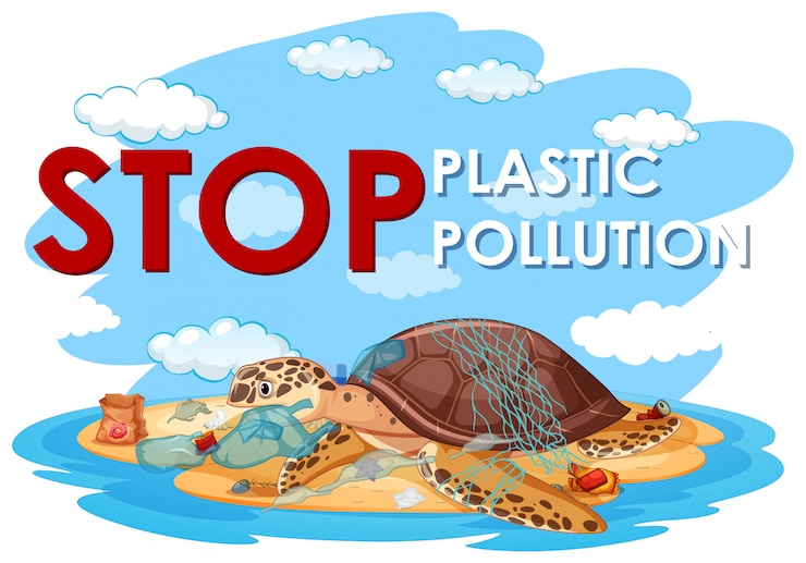 Vetor grátis design de cartaz com tartarugas marinhas e sacos de plástico na praia