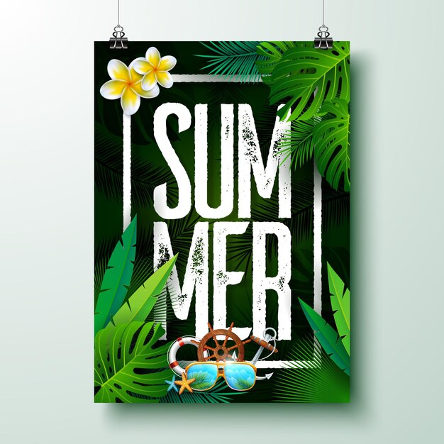 Design de cartaz de férias de verão com óculos de sol e flores tropicais em fundo verde escuro