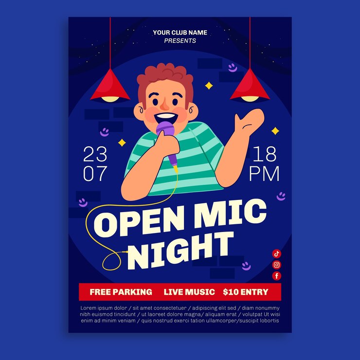 Vetor grátis design de cartaz de microfone aberto de design plano