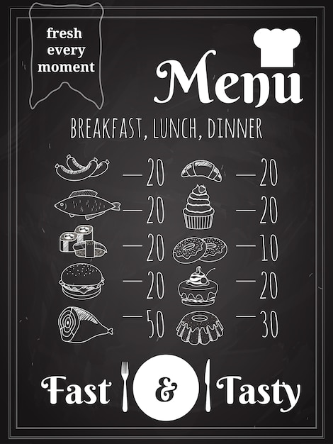 Vetor grátis design de cartaz do menu de comida para almoço ou jantar escrito no quadro-negro