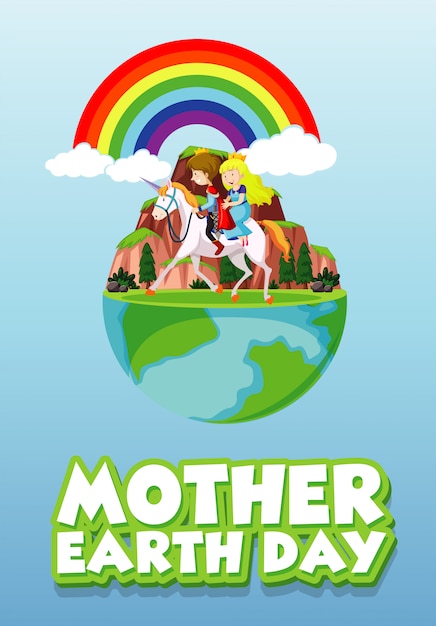 Design de cartaz para o dia da mãe terra com o príncipe e a princesa, andar a cavalo