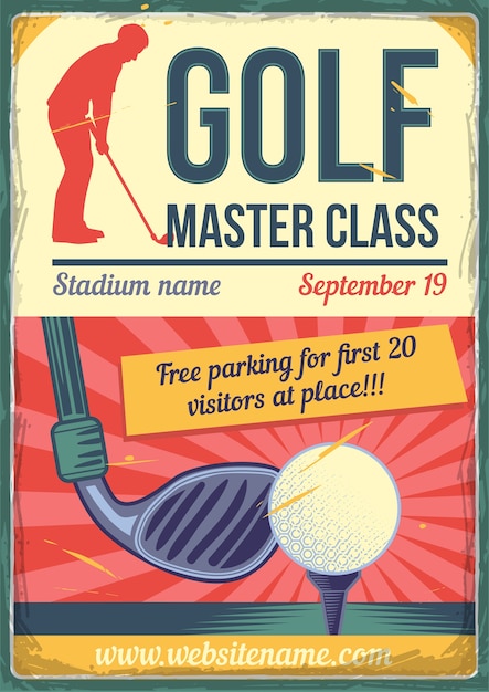 Vetor grátis design de cartaz publicitário com ilustração de um clube de golfe