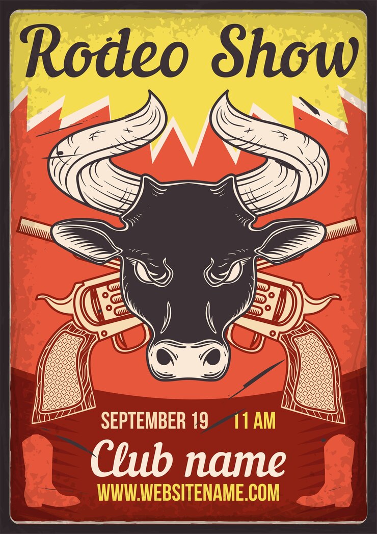 Vetor grátis design de cartaz publicitário com ilustração de um touro e revólveres