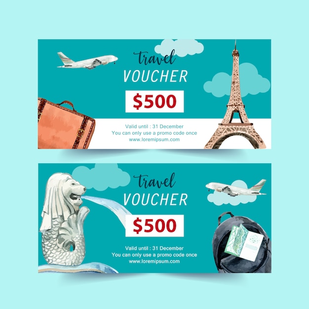 Design de comprovante de turismo com torre eifel, merlion, avião e mochila.