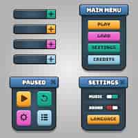 Vetor grátis design de cores escuras para conjunto completo de pop-up, ícone, janela e elementos do jogo de botão de nível