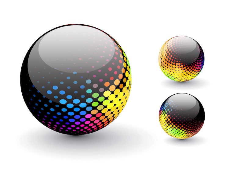 Vetor grátis design de esfera de meio-tom abstrato colorido brilhante com diferentes padrões diferentes.