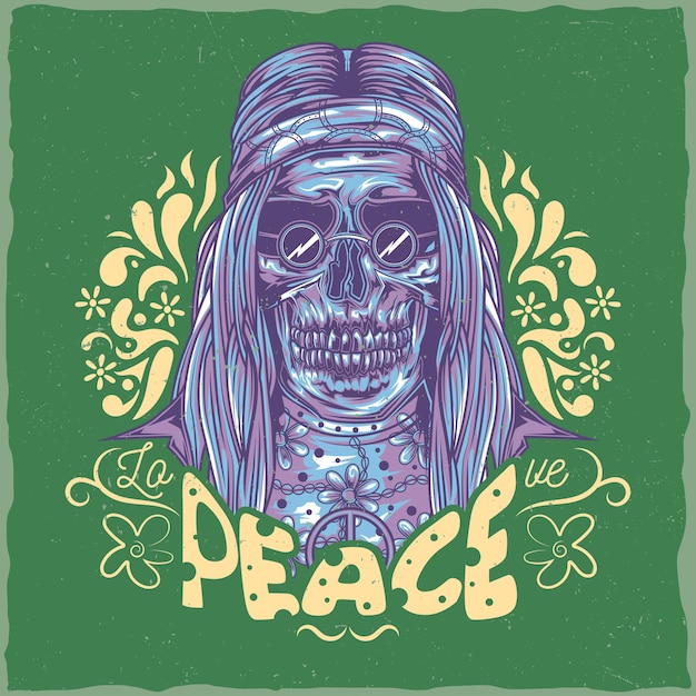 Vetor grátis design de etiqueta de camiseta com ilustração de hippie morto