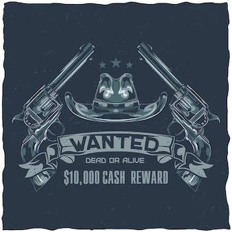 Design de etiqueta de camiseta com ilustração de salão, chapéu e pistolas
