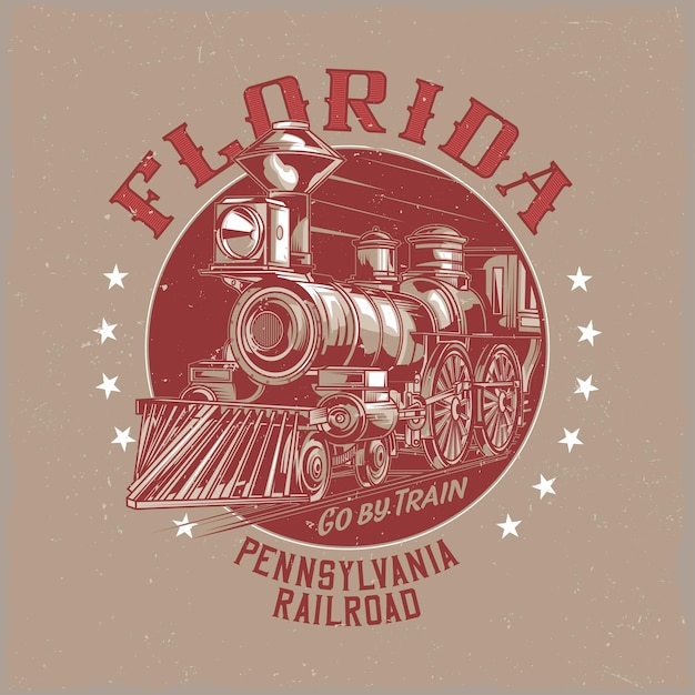 Design de etiqueta de camiseta com ilustração de trem clássico