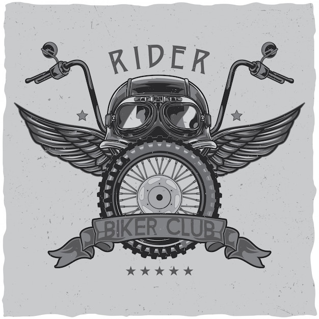 Vetor grátis design de etiqueta de t-shirt com tema de motocicleta com ilustração de capacete, óculos, roda e asas