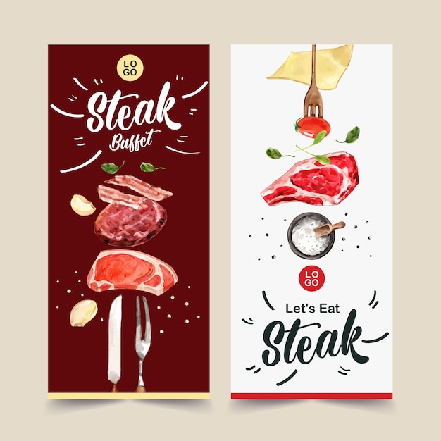 Vetor grátis design de folheto bife com carne fresca, ilustração em aquarela de tomate.