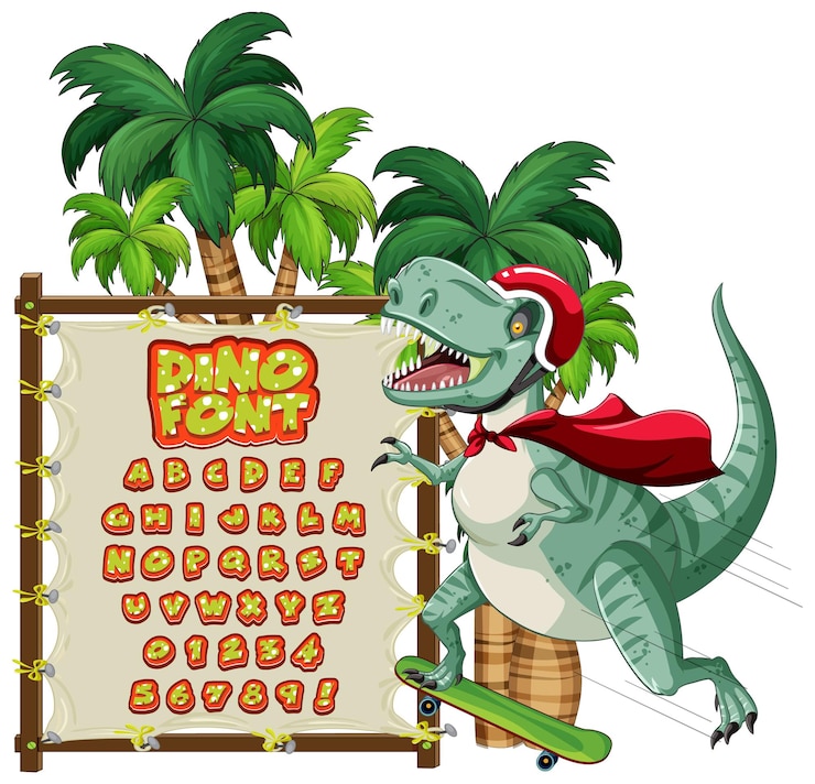 Vetor grátis design de fonte para alfabetos ingleses em personagem de dinossauro no canva