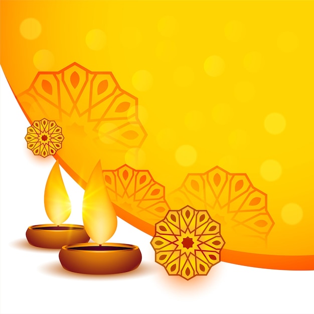 Design de fundo bokeh de cor amarela para o festival diwali com bela diya