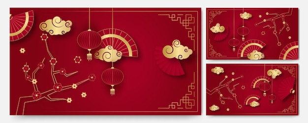 Design de fundo de banner festival de ano novo chinês feliz vermelho e dourado. china chinesa fundo vermelho e dourado com lanterna, flor, árvore, símbolo e padrão. modelo chinês de corte de papel vermelho e dourado Vetor Premium