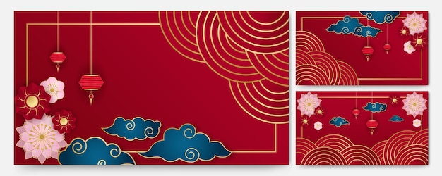 Design de fundo de banner festival de ano novo chinês feliz vermelho e dourado. china chinesa fundo vermelho e dourado com lanterna, flor, árvore, símbolo e padrão. modelo chinês de corte de papel vermelho e dourado Vetor Premium
