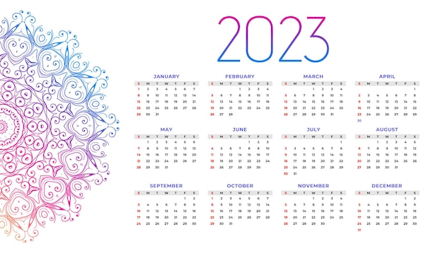 Design de fundo de calendário de ano novo estilo mandala 2023