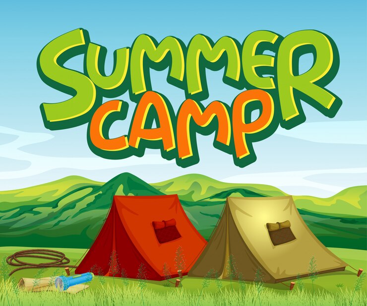 Vetor grátis design de fundo de cena com acampamento de verão da palavra
